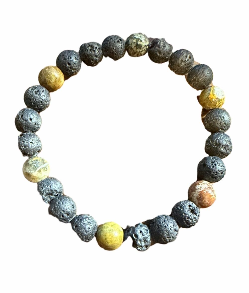 Black Lava Rock & Multicolor Stone Bead Stretch Bracelet Unisex Jewelry